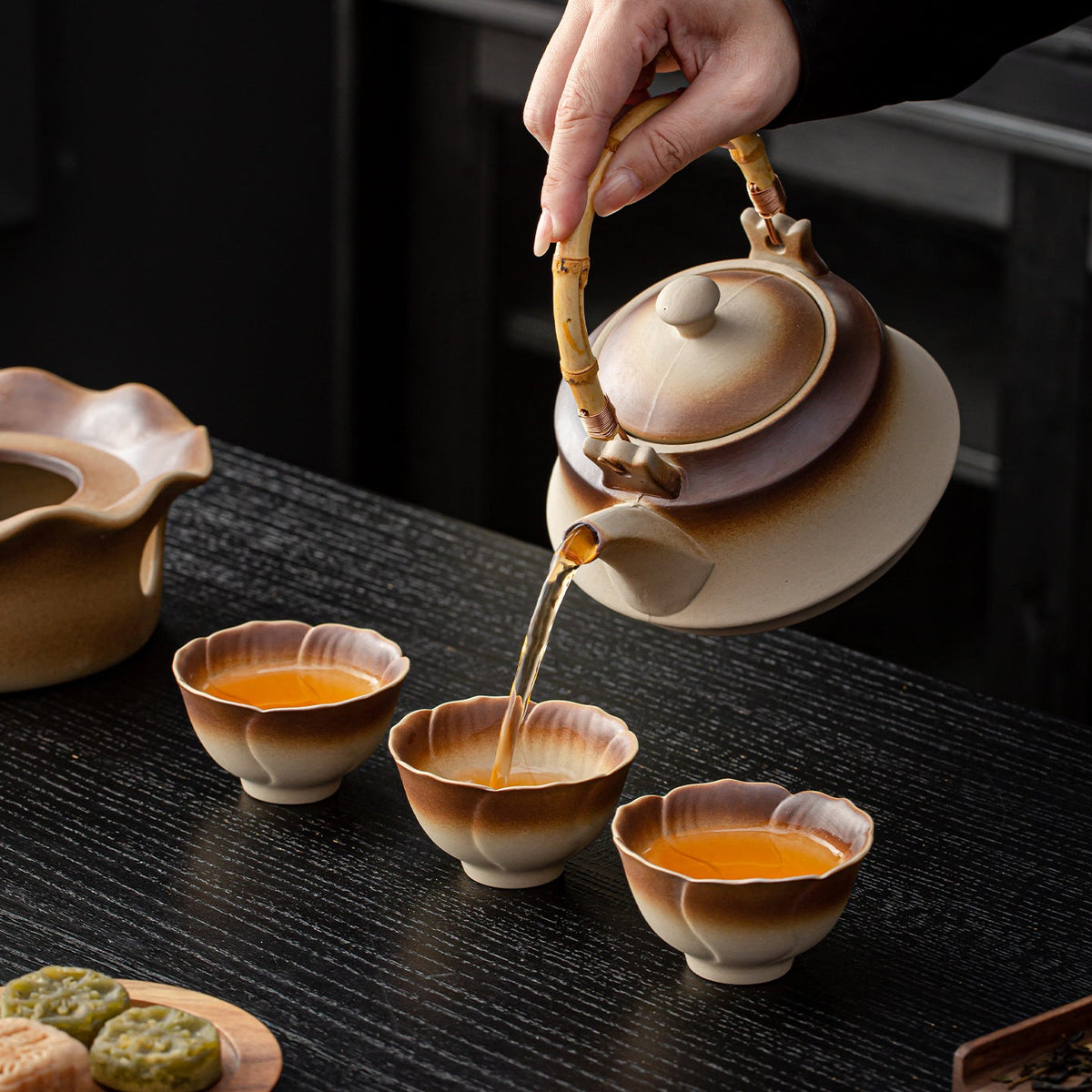 Stoneware Tea Set with Warmer and Bamboo Handle