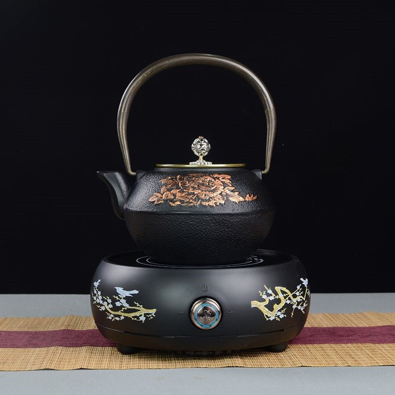 Cast Iron Teapot Set with Floral Relief and Ceramic Hotplate, for Tea Preparation