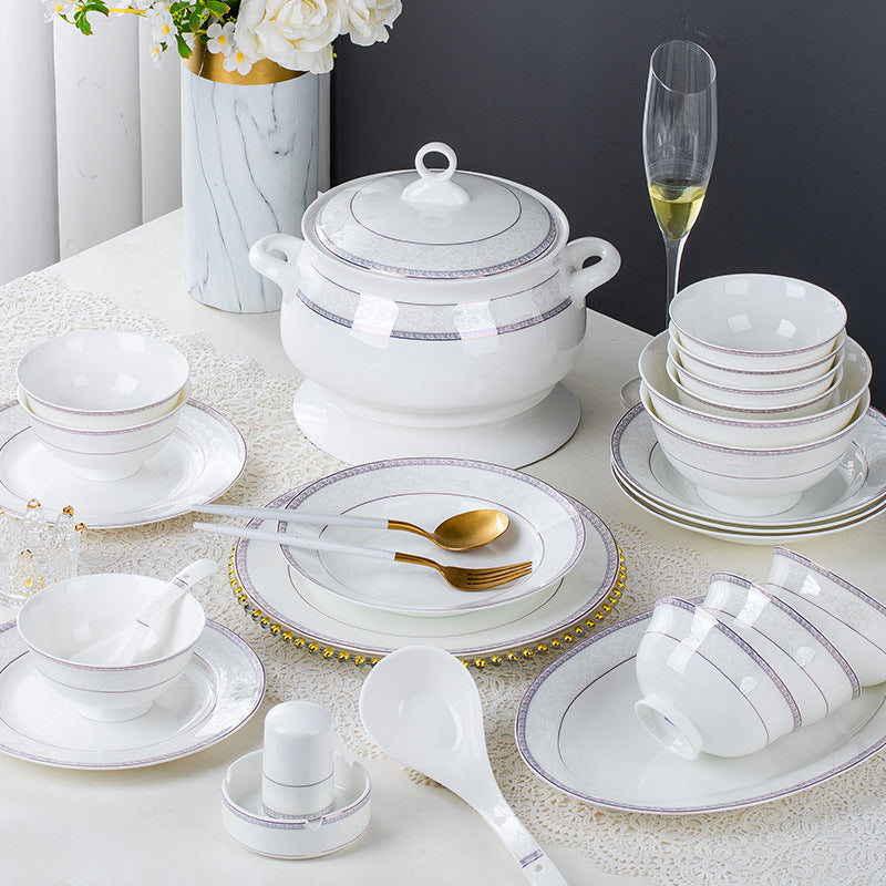 Bone China Dinner Set with Lavender Decorative Border