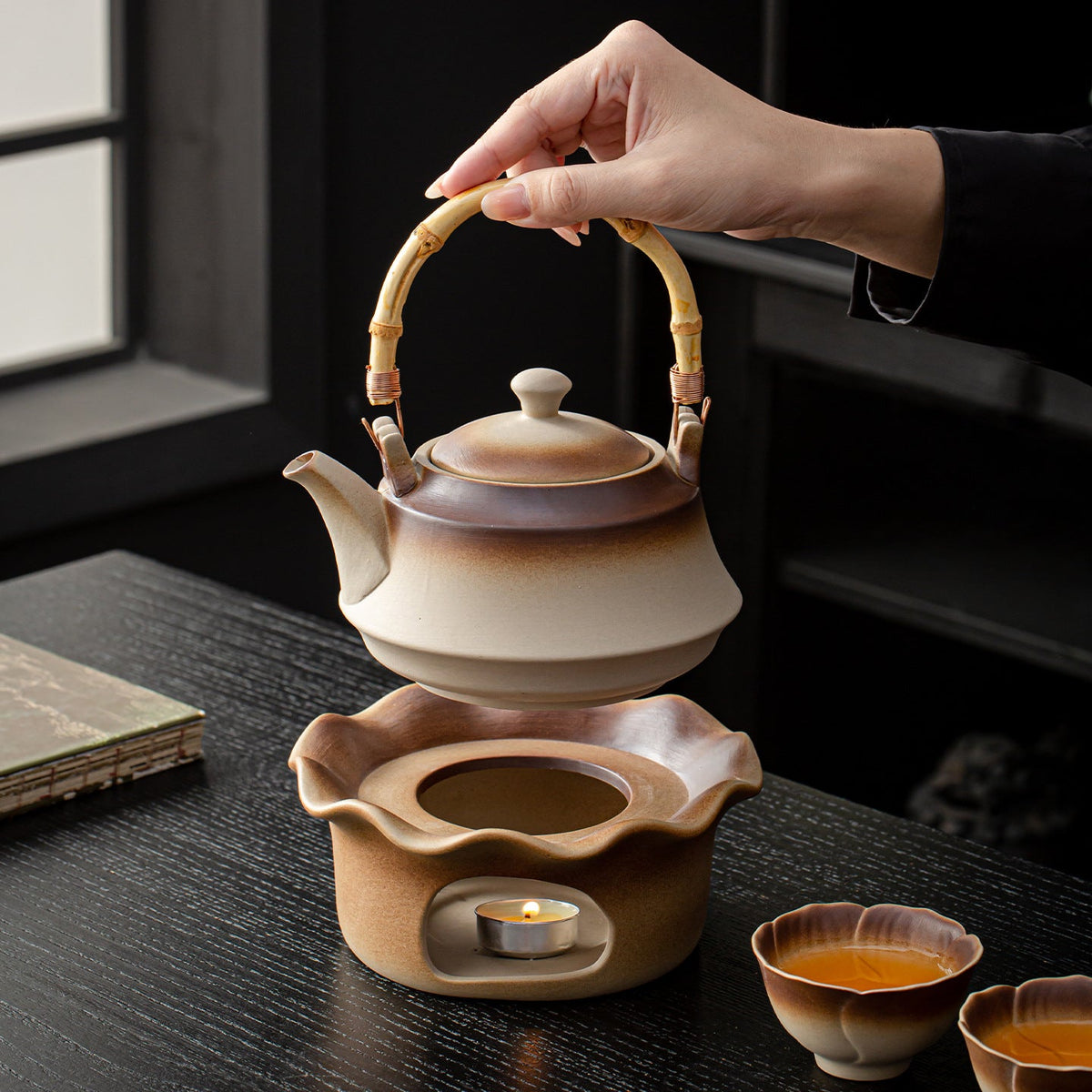 Stoneware Tea Set with Warmer and Bamboo Handle