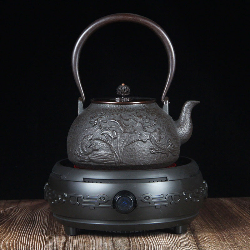 Cast Iron Teapot with Embossed Decoration and Electric Tea Stove, Tea Set for Tea Time