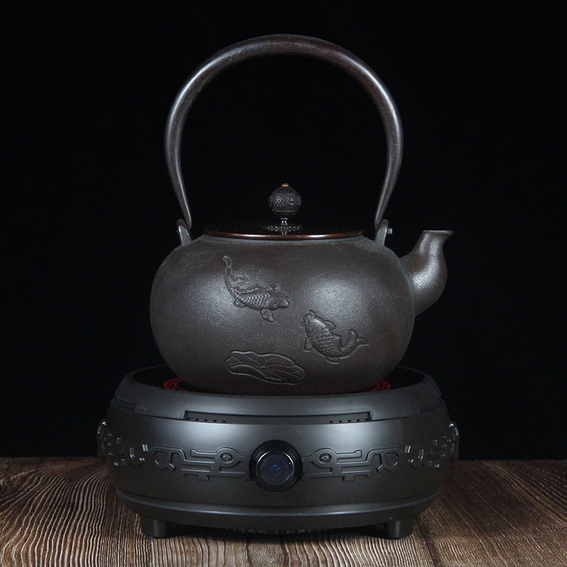 Cast Iron Teapot with Embossed Decoration and Electric Tea Stove, Tea Set for Tea Time
