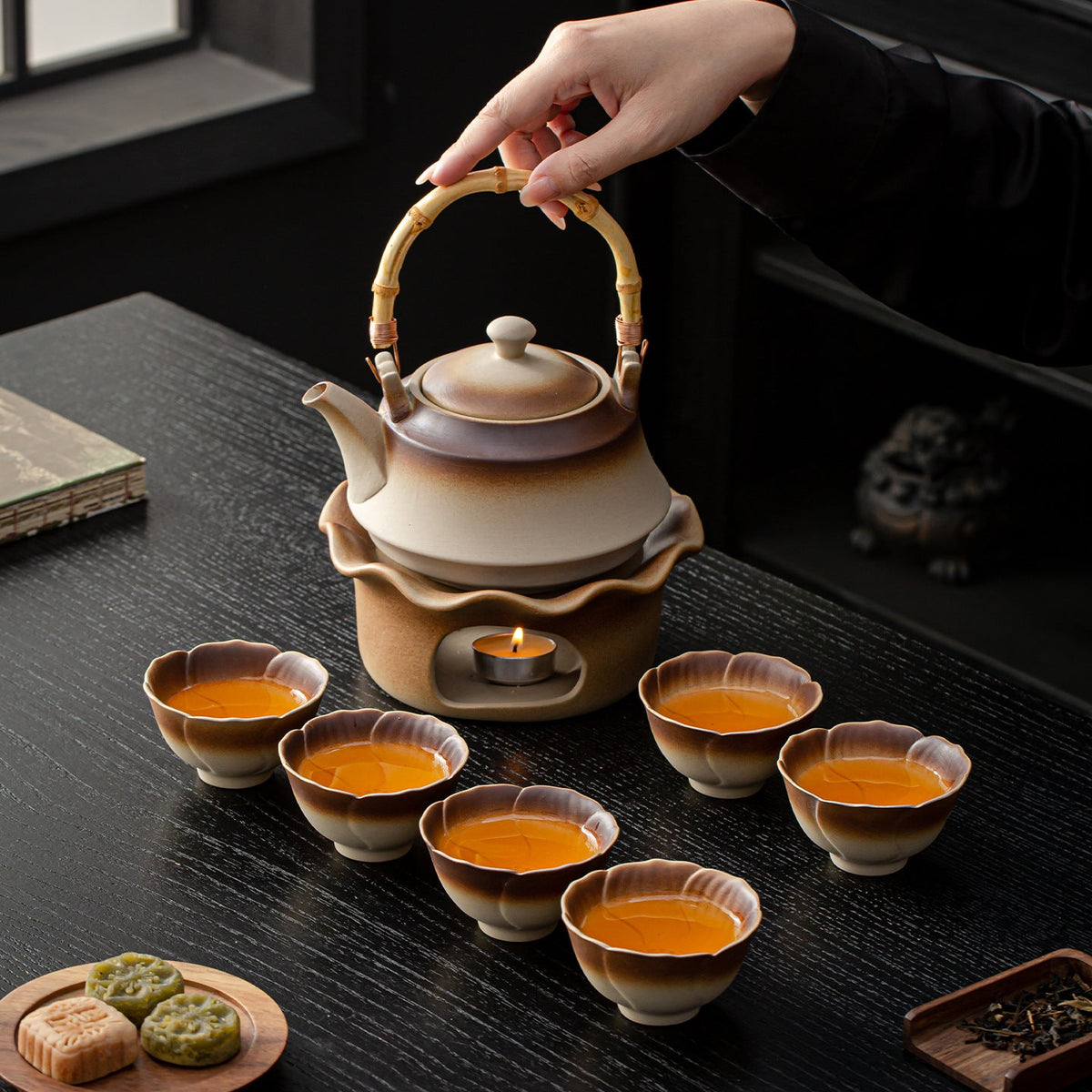 Stoneware Tea Set with Warmer and Bamboo Handle