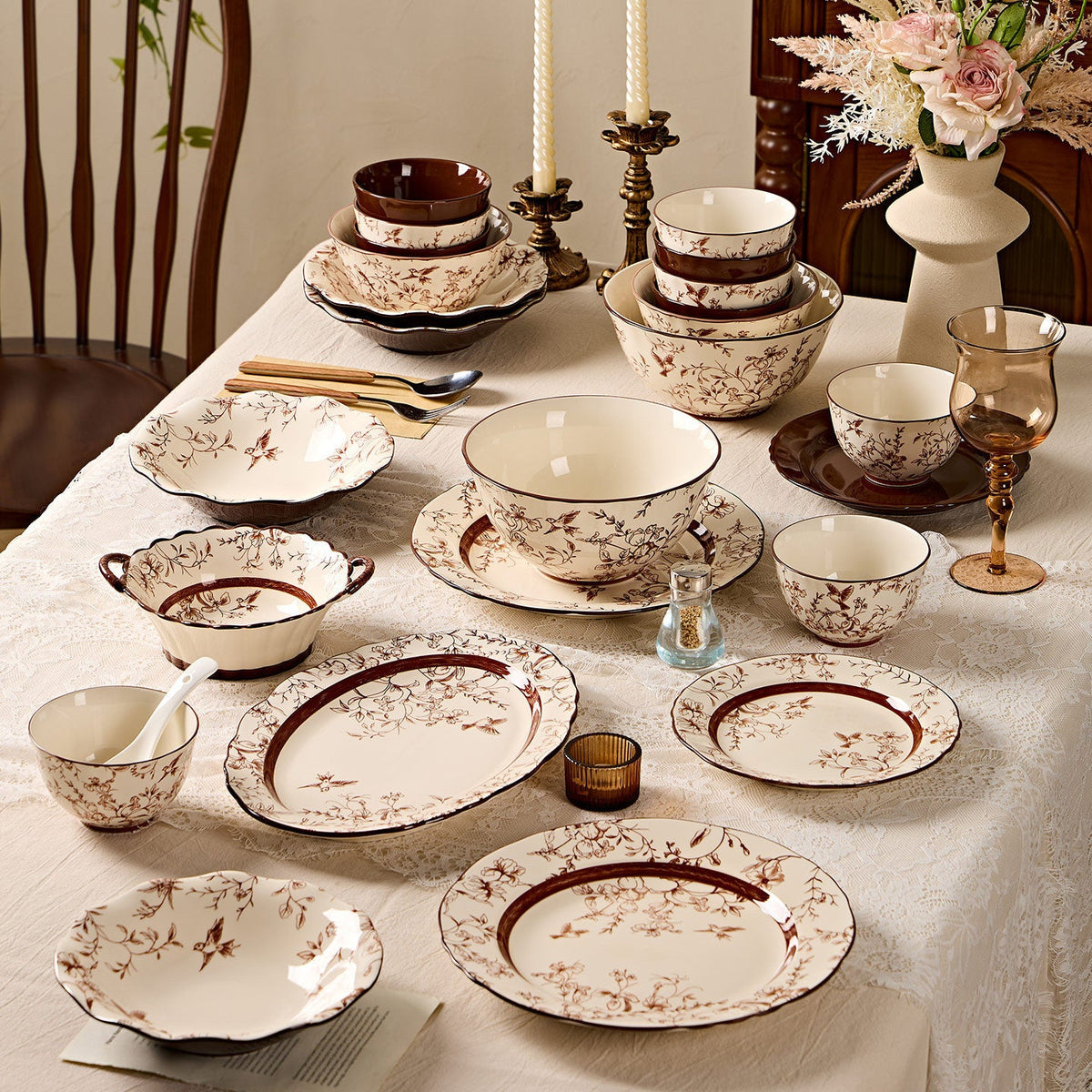 Ceramic Dinnerware Set with Underglaze Floral Decoration
