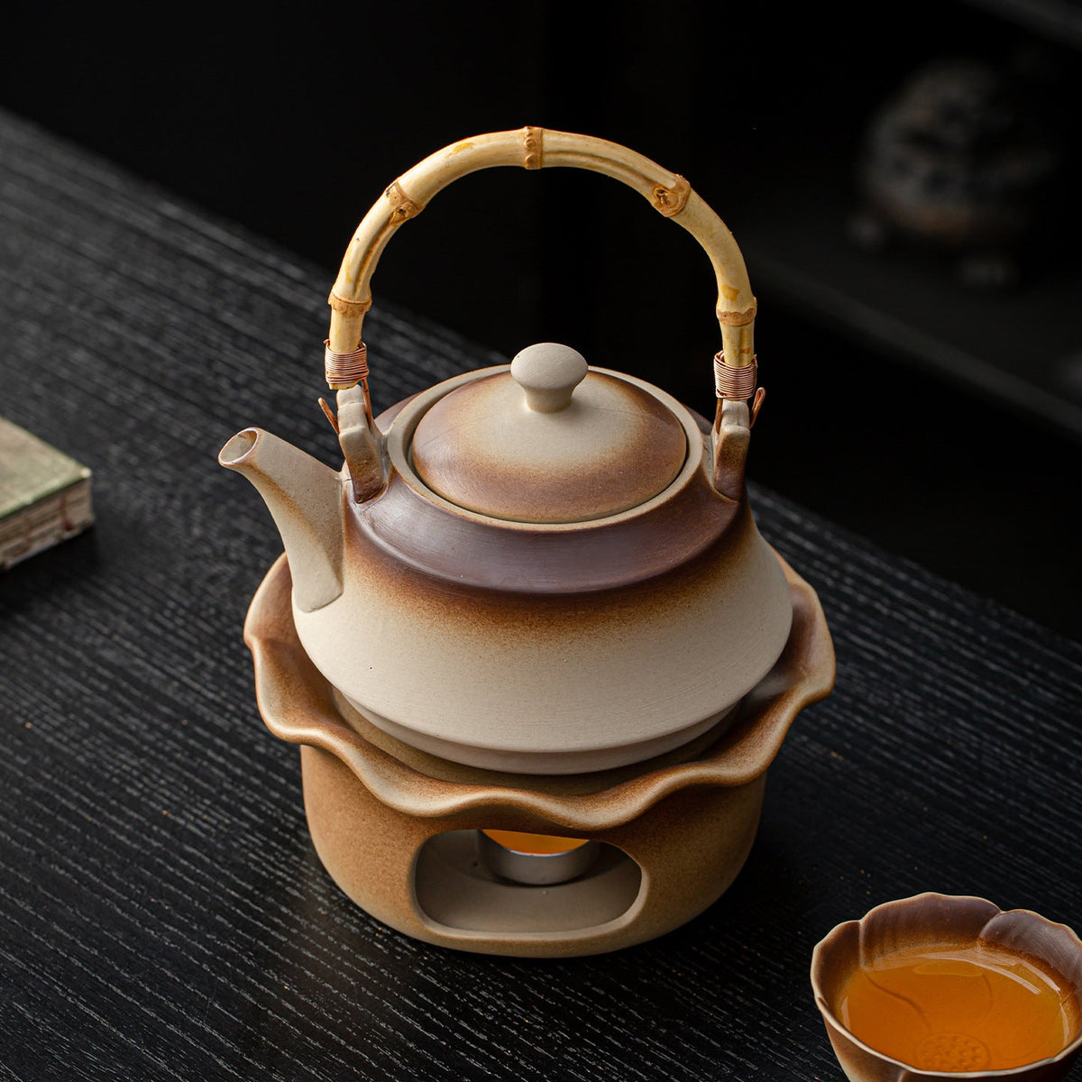 Stoneware Tea Set with Warmer and Bamboo Handle