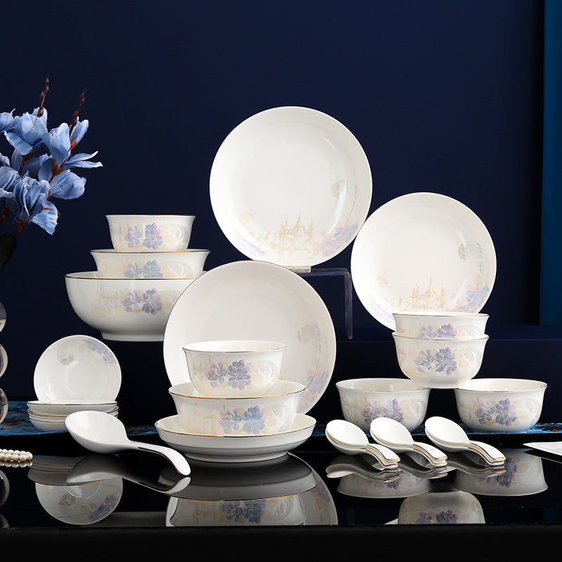 Bone China Dinner Service with Gold Rim and Floral Decoration