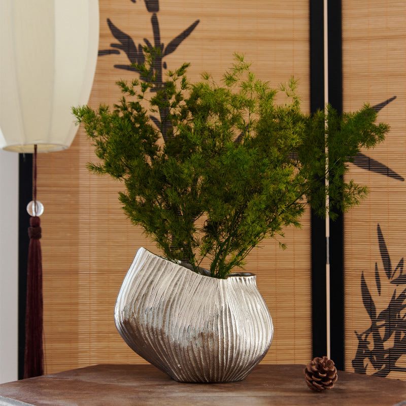Sculptural Ribbed Aluminium Vase in Silver