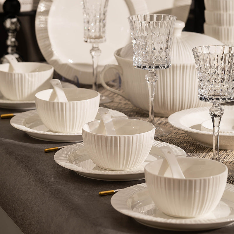 Bone China Dinner Service with Pleated Ribbed Texture