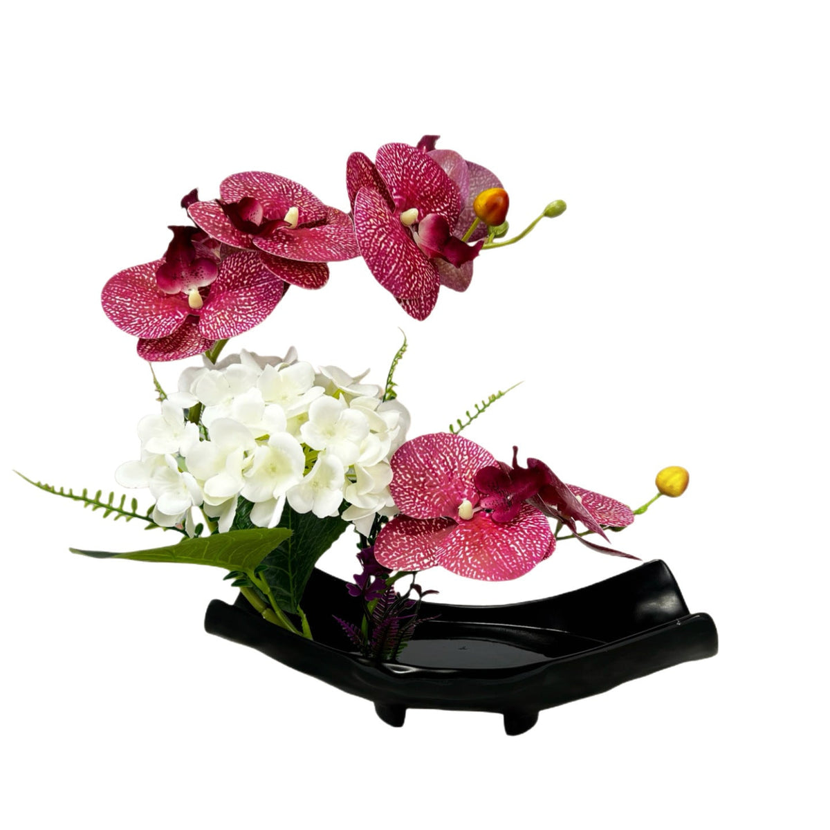 Artificial Flowers, Ikebana Orchid Arrangement in a Glazed Ceramic Bowl