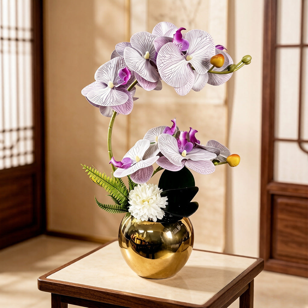 Artificial Flowers, Orchid Arrangement with Glazed Ceramic Sphere Vase