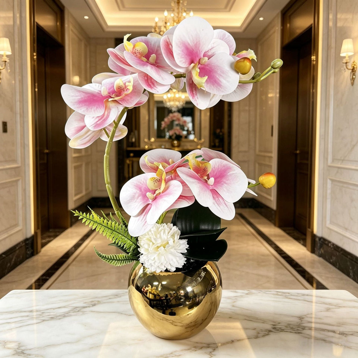 Artificial Flowers, Orchid Arrangement with Glazed Ceramic Sphere Vase