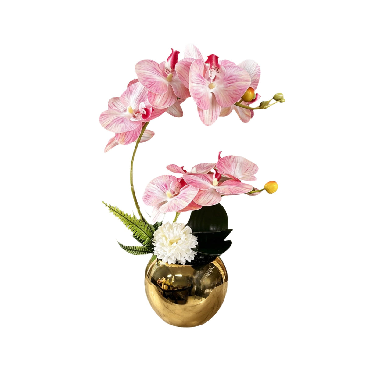 Artificial Flowers, Orchid Arrangement with Glazed Ceramic Sphere Vase
