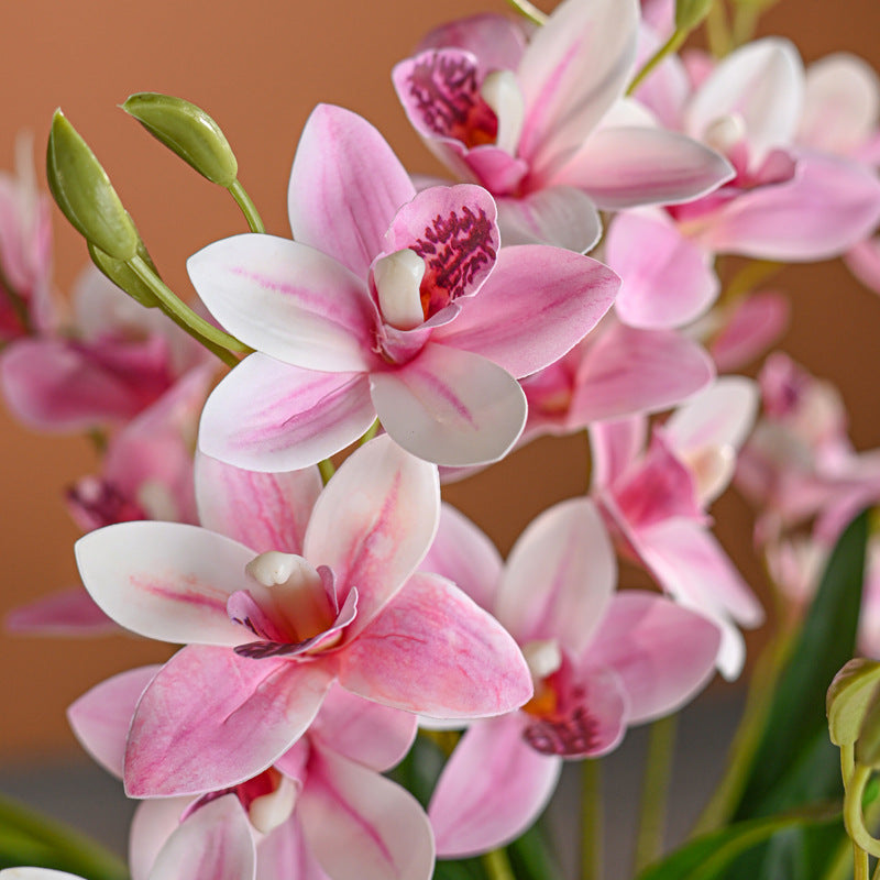 Artificial Flowers, Orchid Arrangement with Ribbed Glazed Ceramic Pot