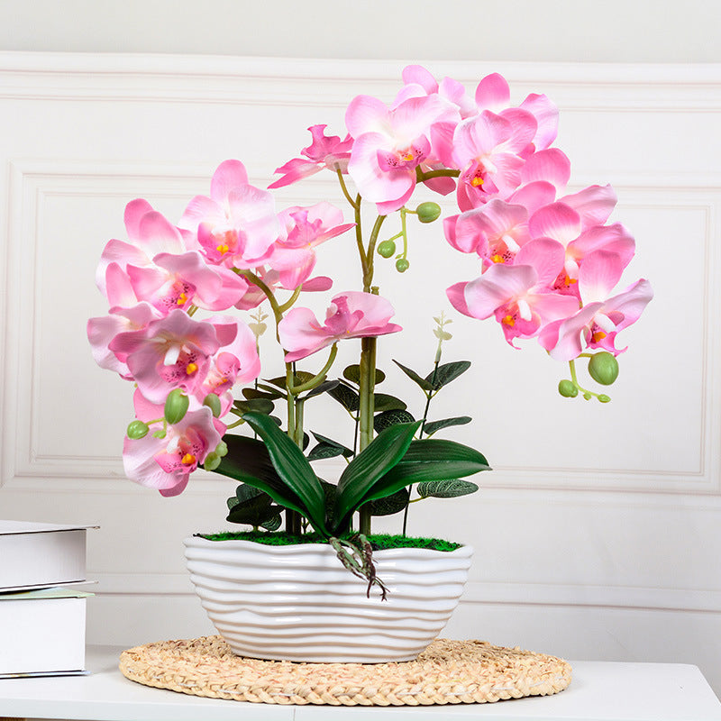 Artificial Flowers, Orchid in Glazed Ribbed Ceramic Pot with Moss Bed