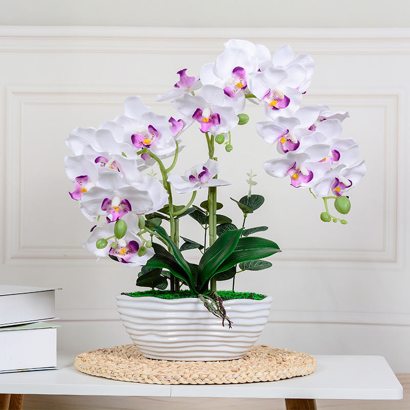 Artificial Flowers, Orchid in Glazed Ribbed Ceramic Pot with Moss Bed