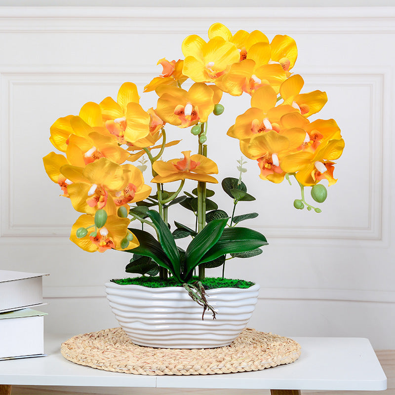 Artificial Flowers, Orchid in Glazed Ribbed Ceramic Pot with Moss Bed