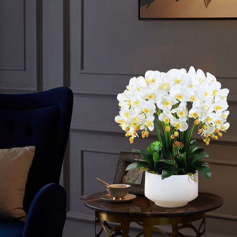 Artificial Flowers, Phalaenopsis Orchid Arrangement in Glazed Ceramic Bowl