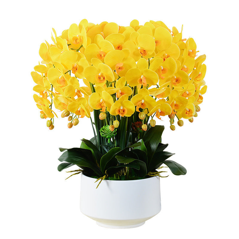 Artificial Flowers, Phalaenopsis Orchid Arrangement in Glazed Ceramic Bowl