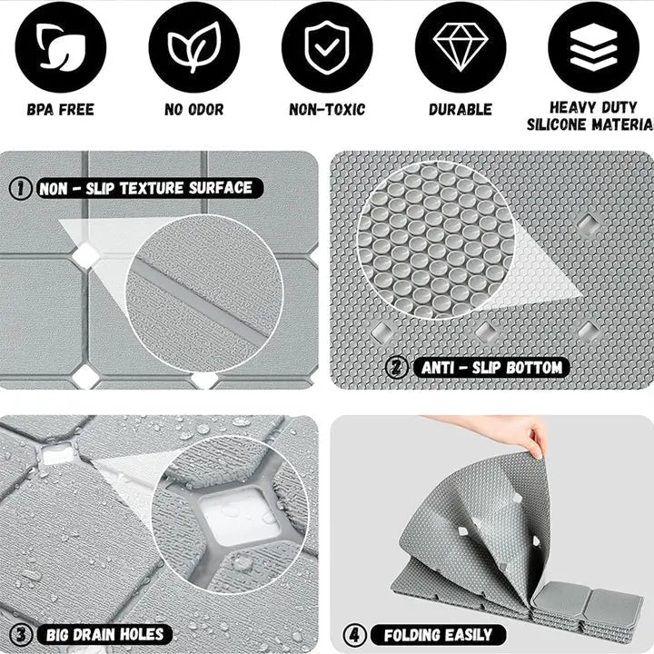 Bath Mat in Silicone, Non-Slip and Foldable with Suction Cups