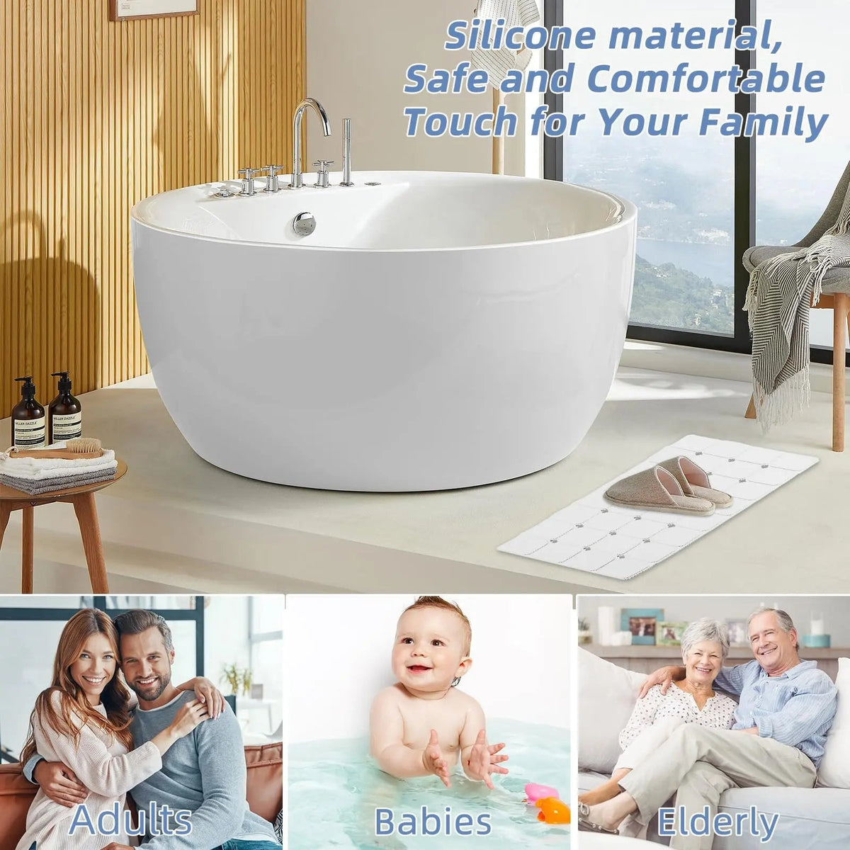 Bath Mat in Silicone, Non-Slip and Foldable with Suction Cups