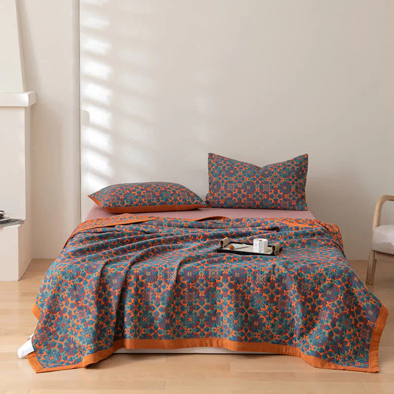 Bed Cover with Geometric Floral Pattern and Wide Border