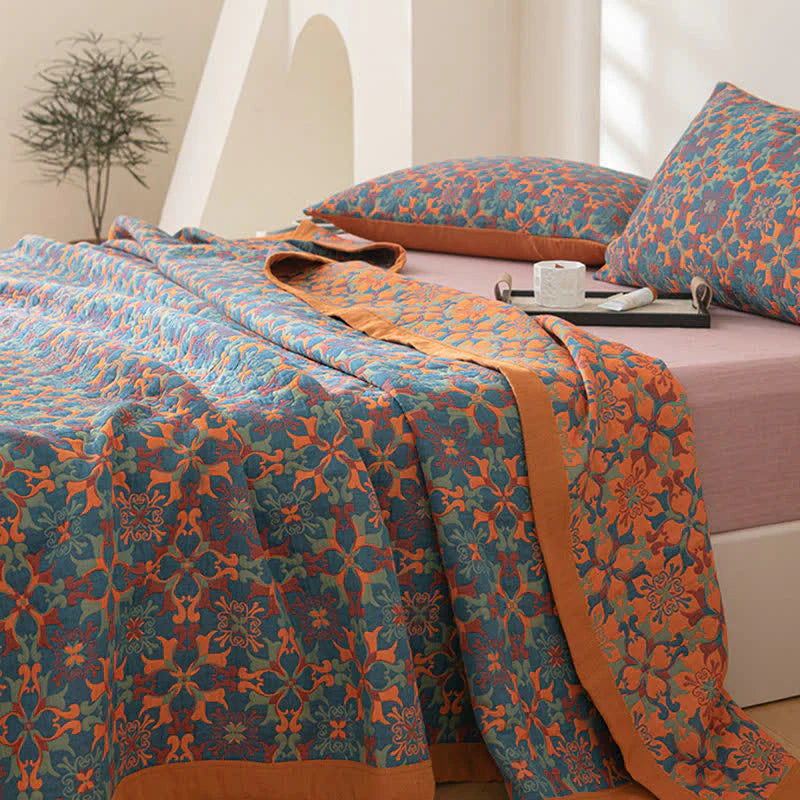 Bed Cover with Geometric Floral Pattern and Wide Border