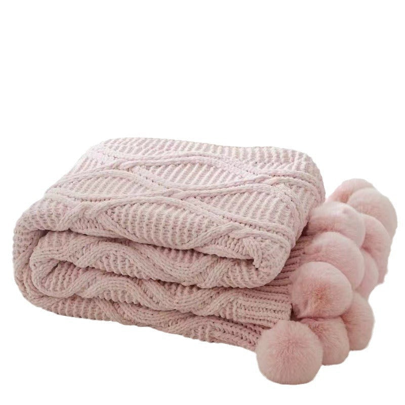 Blanket in Chunky Chenille with Cable Knit and Faux Fur Pom-Poms