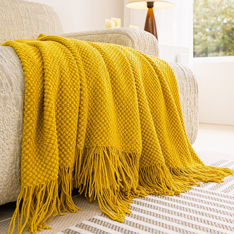 Blanket in Chunky Waffle Knit with Knotted Fringes, Sofa Throw