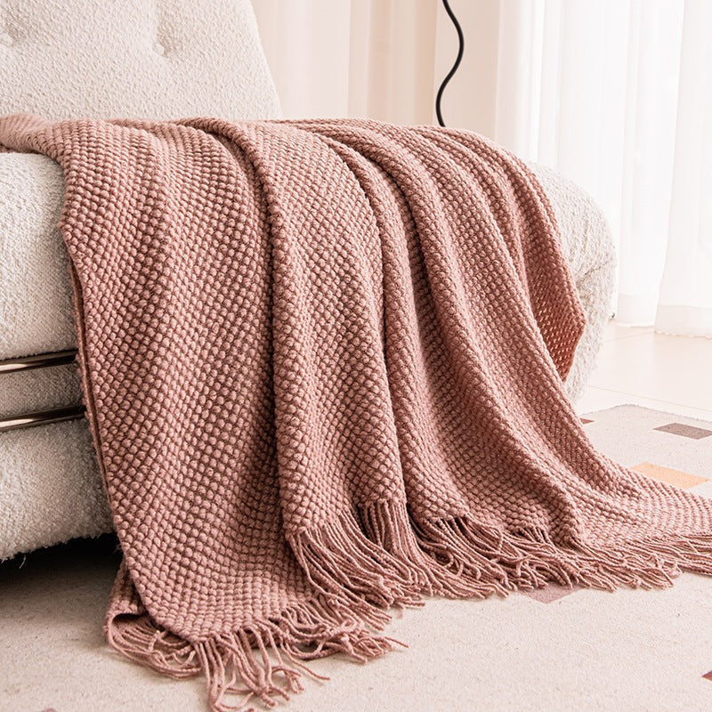 Blanket in Chunky Waffle Knit with Knotted Fringes, Sofa Throw