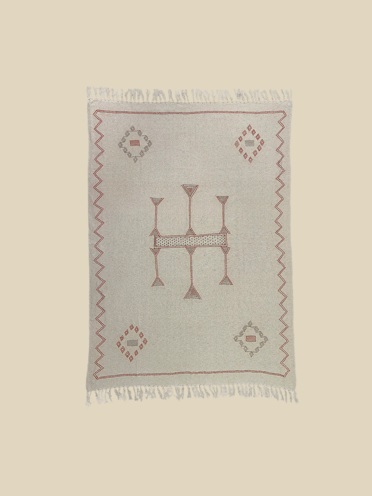 Blanket in Cotton with Floral Embroidery and Knotted Fringes