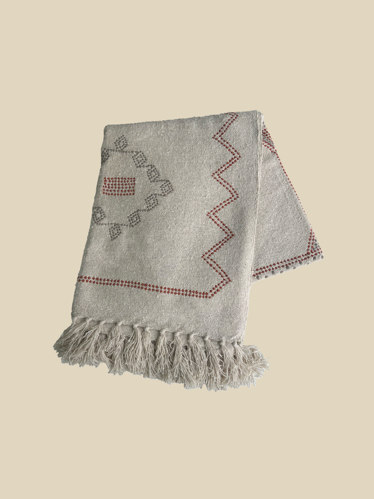 Blanket in Cotton with Floral Embroidery and Knotted Fringes