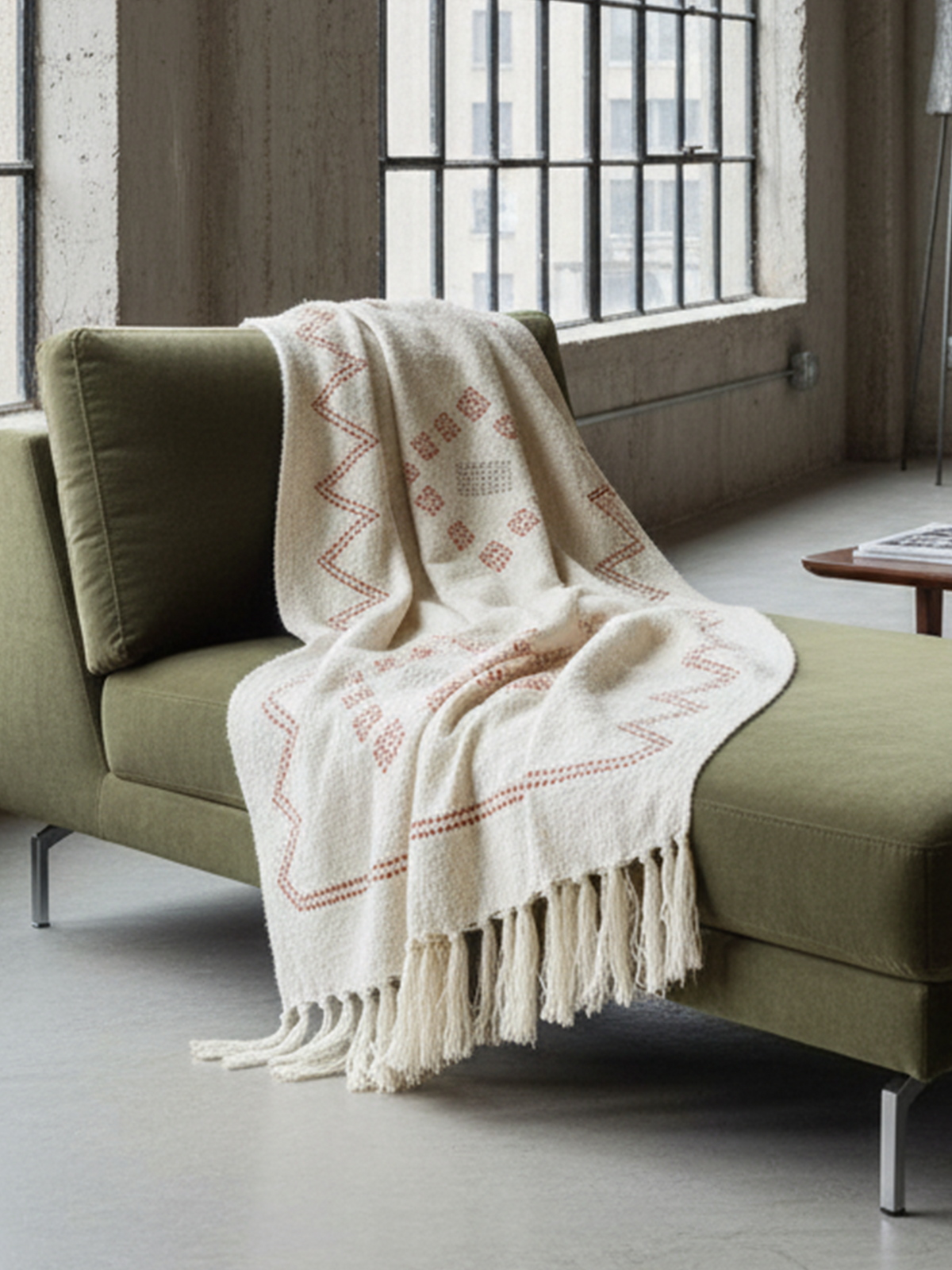 Blanket in Cotton with Floral Embroidery and Knotted Fringes
