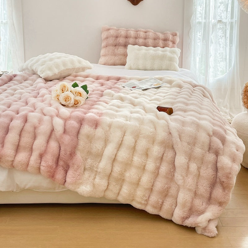 Blanket in Long-Pile Faux Fur with Honeycomb Quilting, Ombré Throw