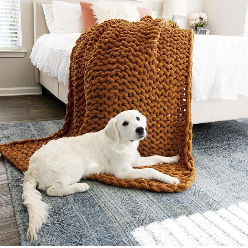 Blanket in Soft Chenille, Hand-Knitted Chunky Knit with Braided Edge