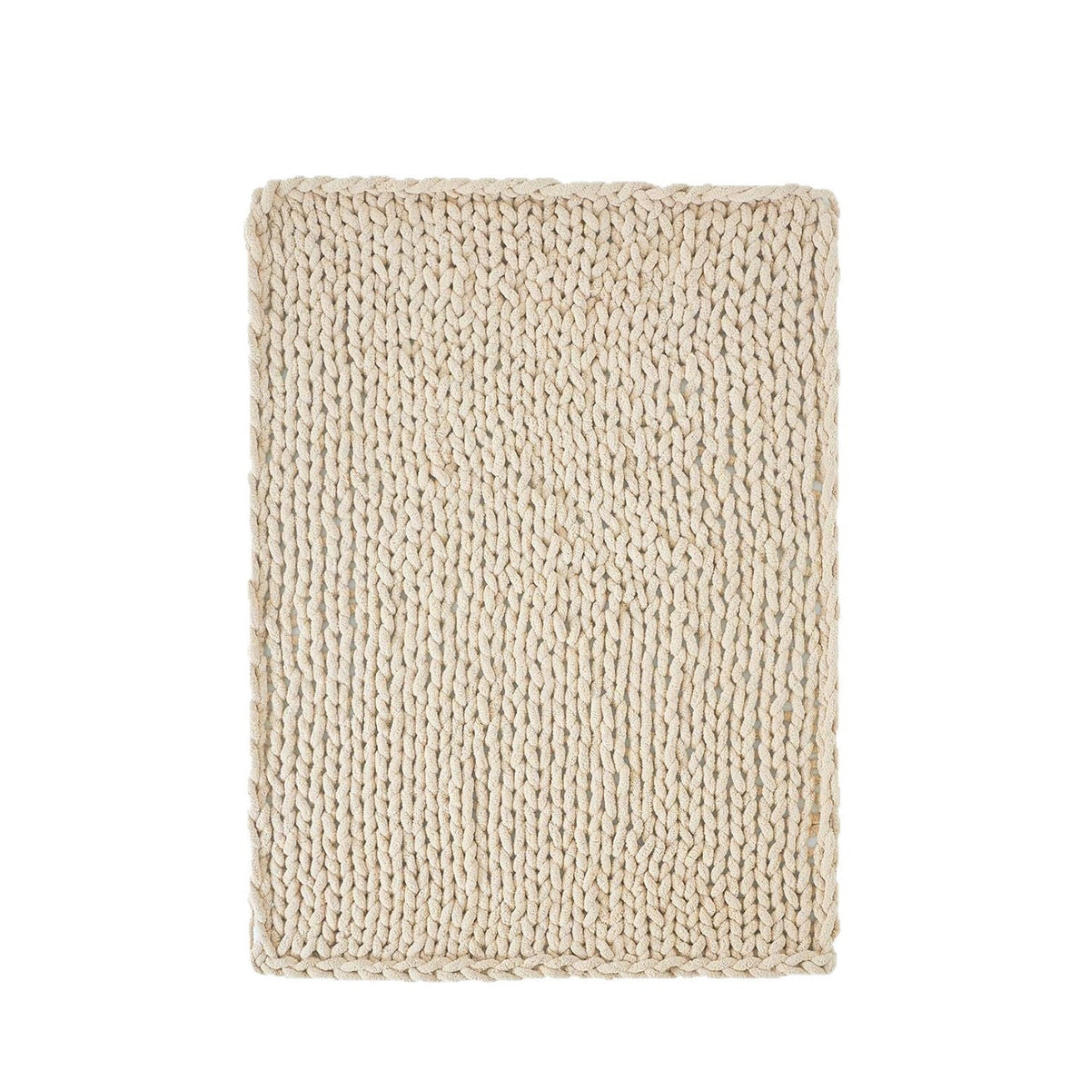 Blanket in Soft Chenille, Hand-Knitted Chunky Knit with Braided Edge