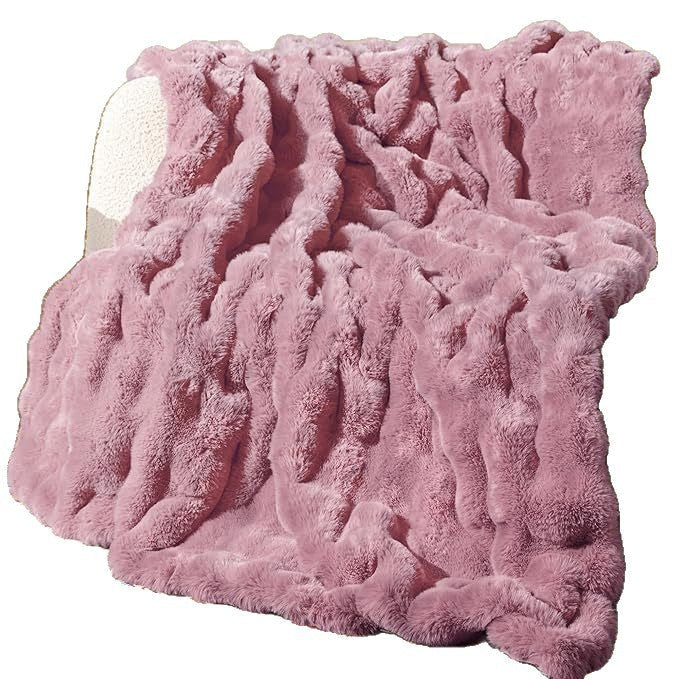 Blanket in Soft Faux Fur with Quilted Wave Texture, Sofa Throw