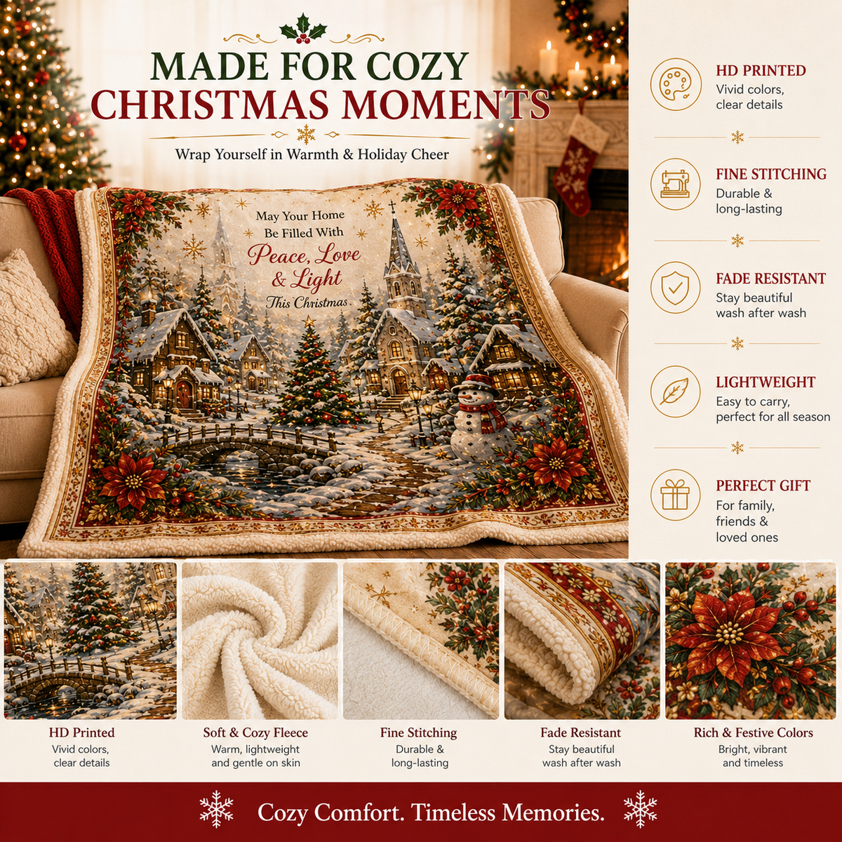 Blanket in Soft Flannel Fleece with Christmas Prints, Lightweight Throw