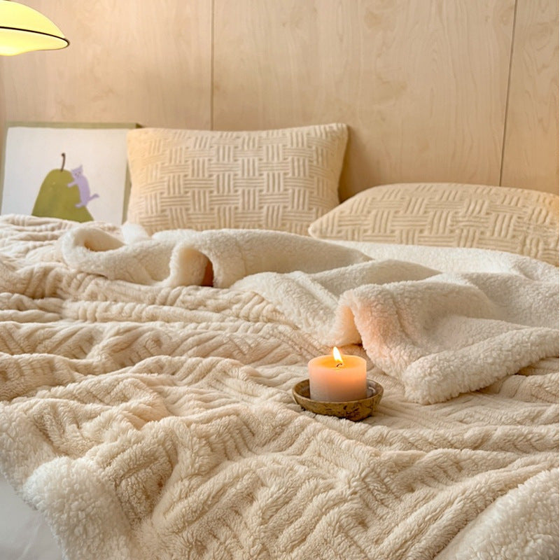 Blanket in Teddy Fleece with Embossed Basketweave Pattern, Plush Throw