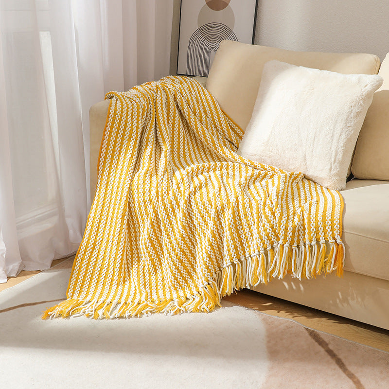 Blanket in Textured Knit with Stripes and Knotted Fringes