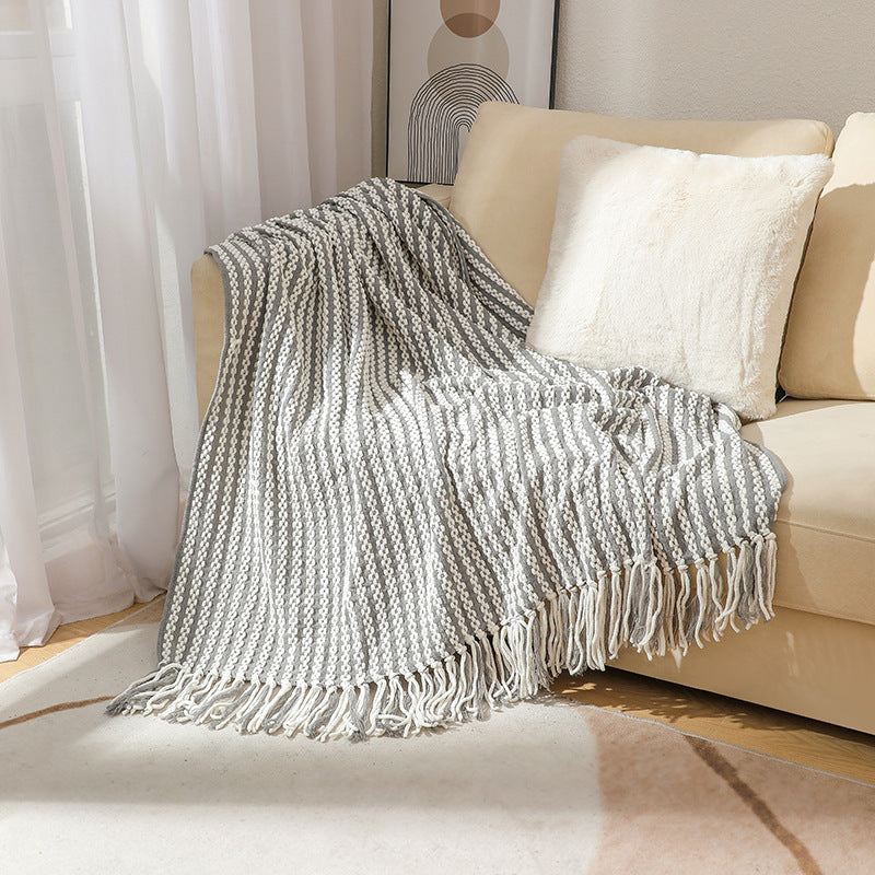 Blanket in Textured Knit with Stripes and Knotted Fringes