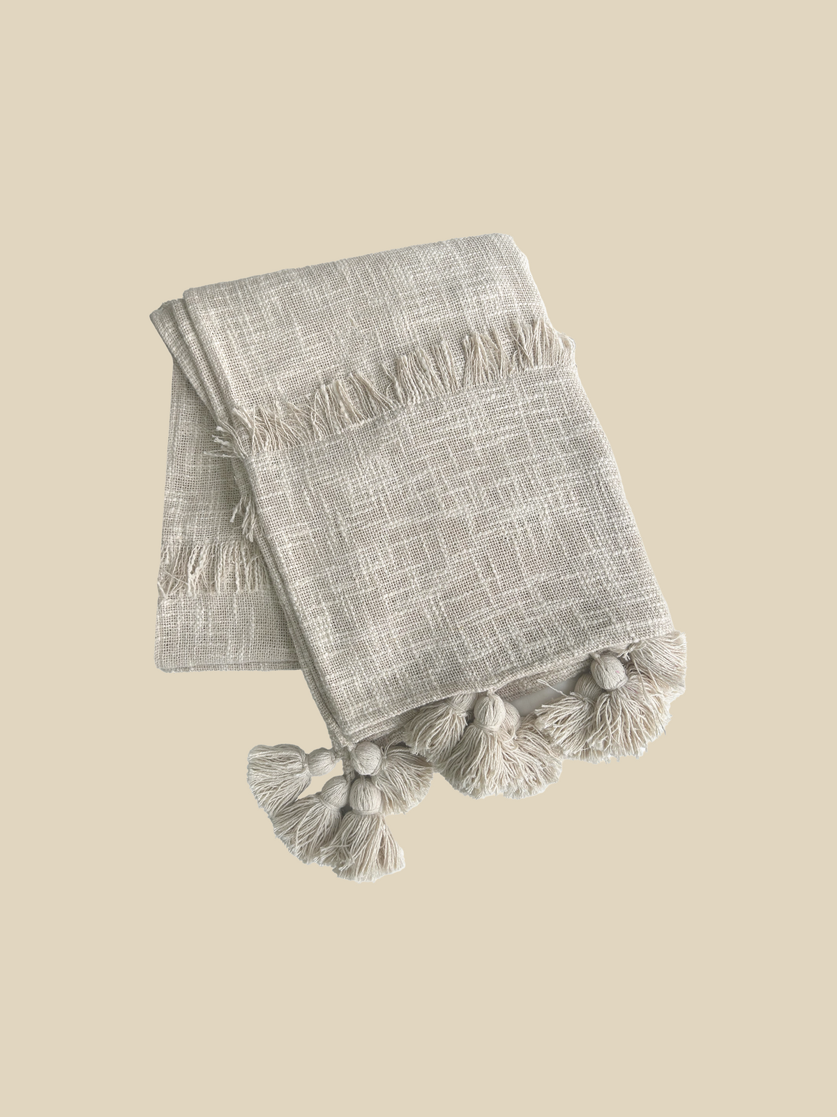 Blanket in Woven Cotton with Embroidered Stripes and Tassels