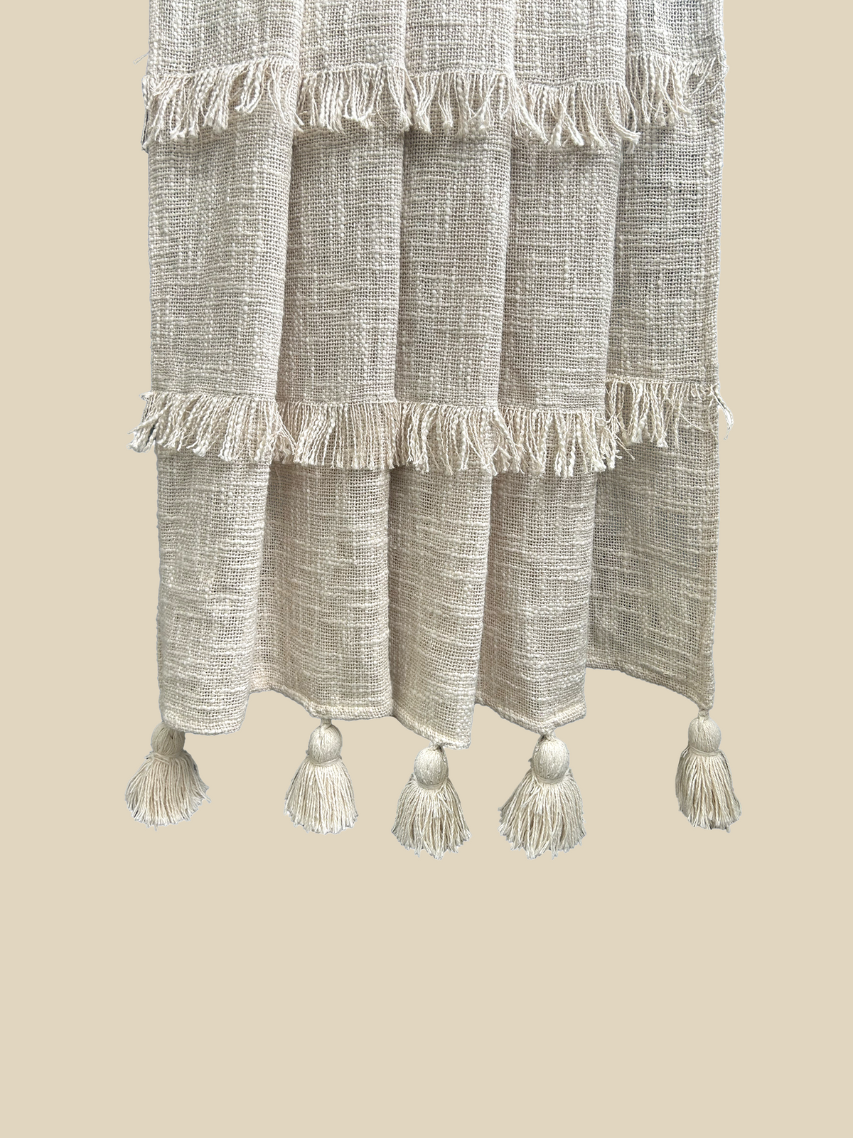Blanket in Woven Cotton with Embroidered Stripes and Tassels