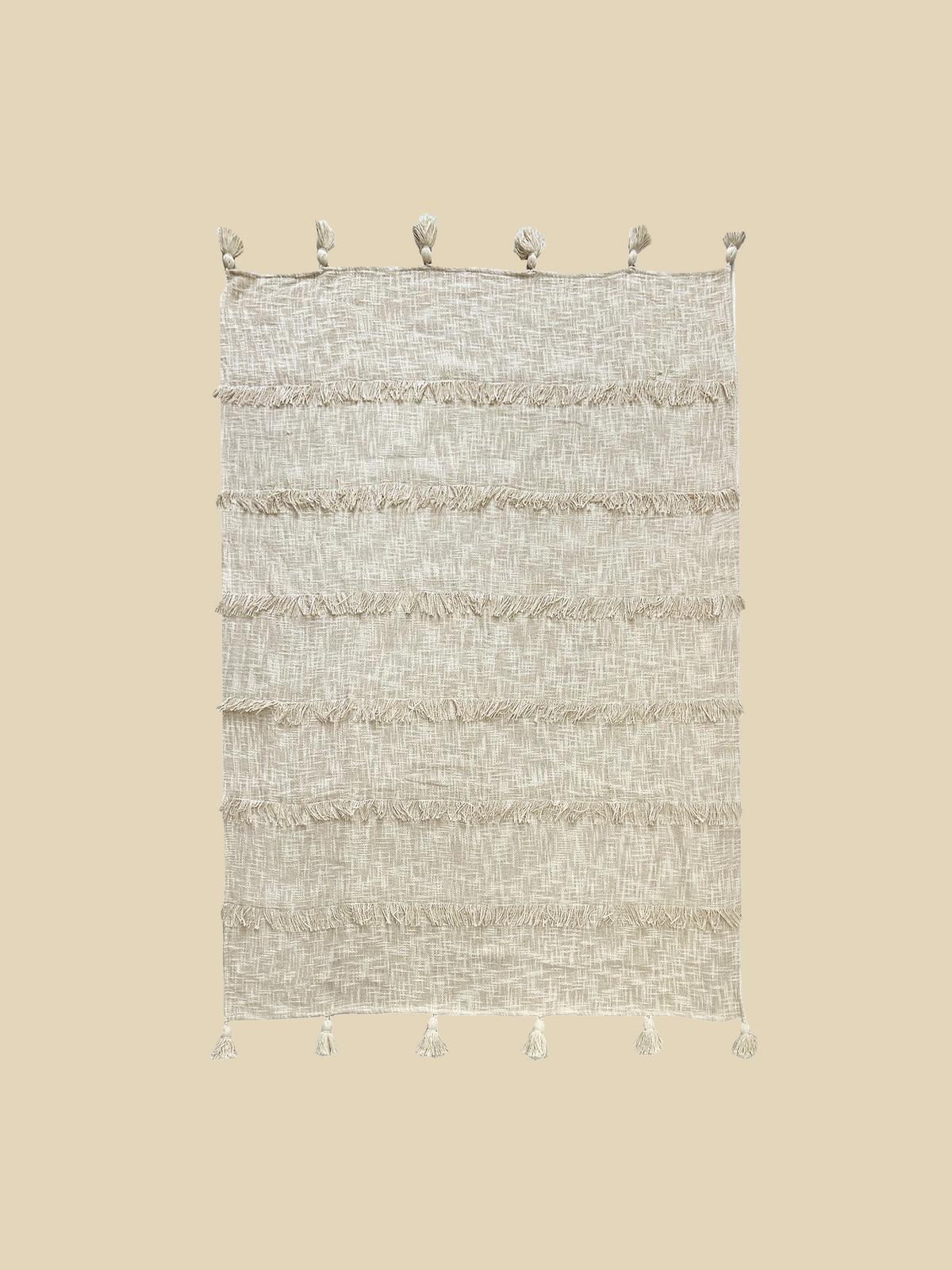 Blanket in Woven Cotton with Embroidered Stripes and Tassels