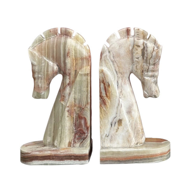 Bookends in Solid Banded Onyx Marble, Sculptural Horse Head Design