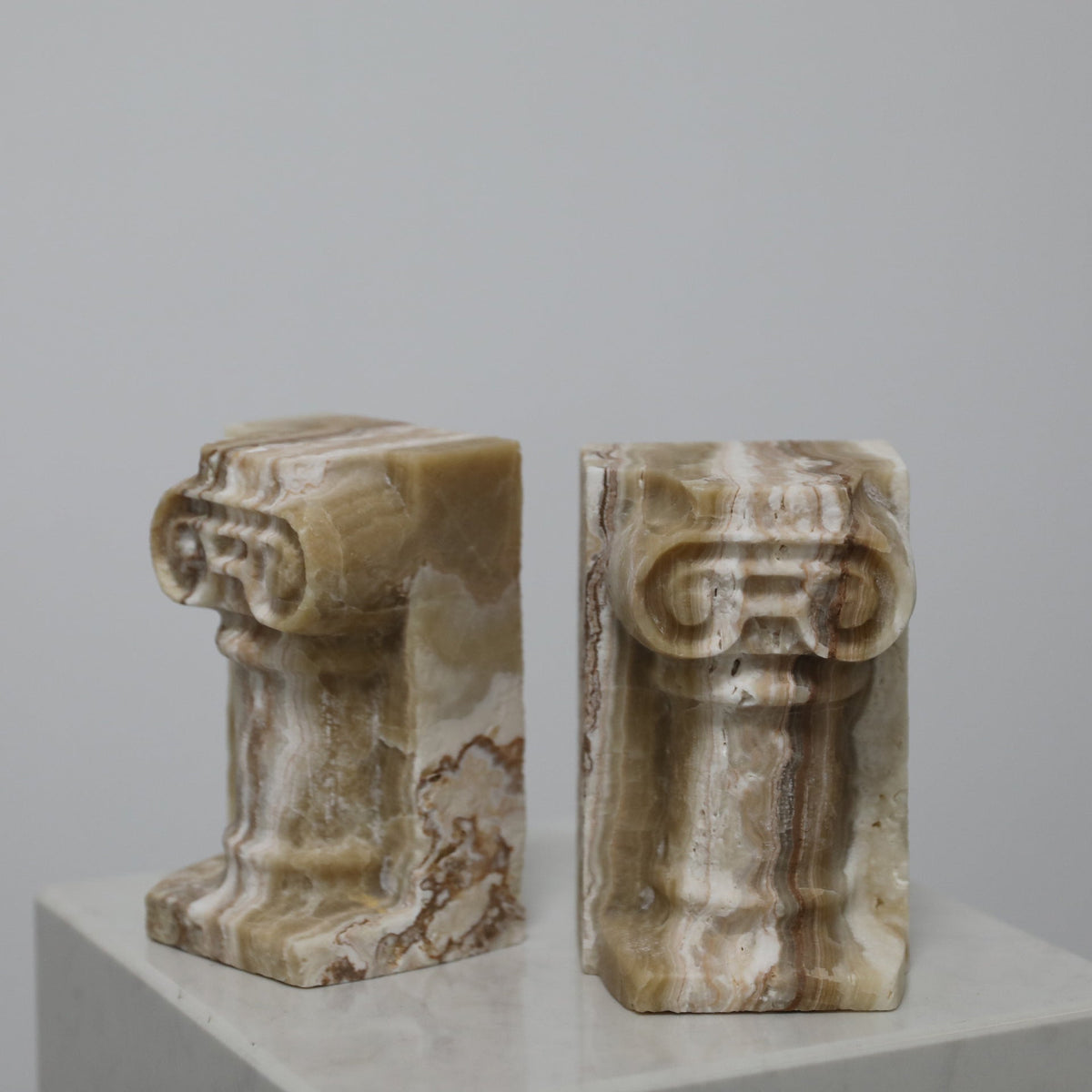 Bookends in Solid Banded Onyx Marble with Ionic Column Capitals