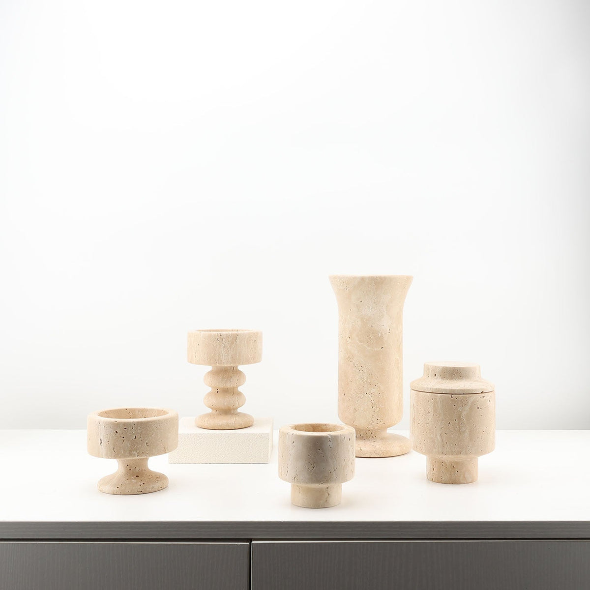 Candle Holder in Natural Travertine with Sculpted Stem and Round Base