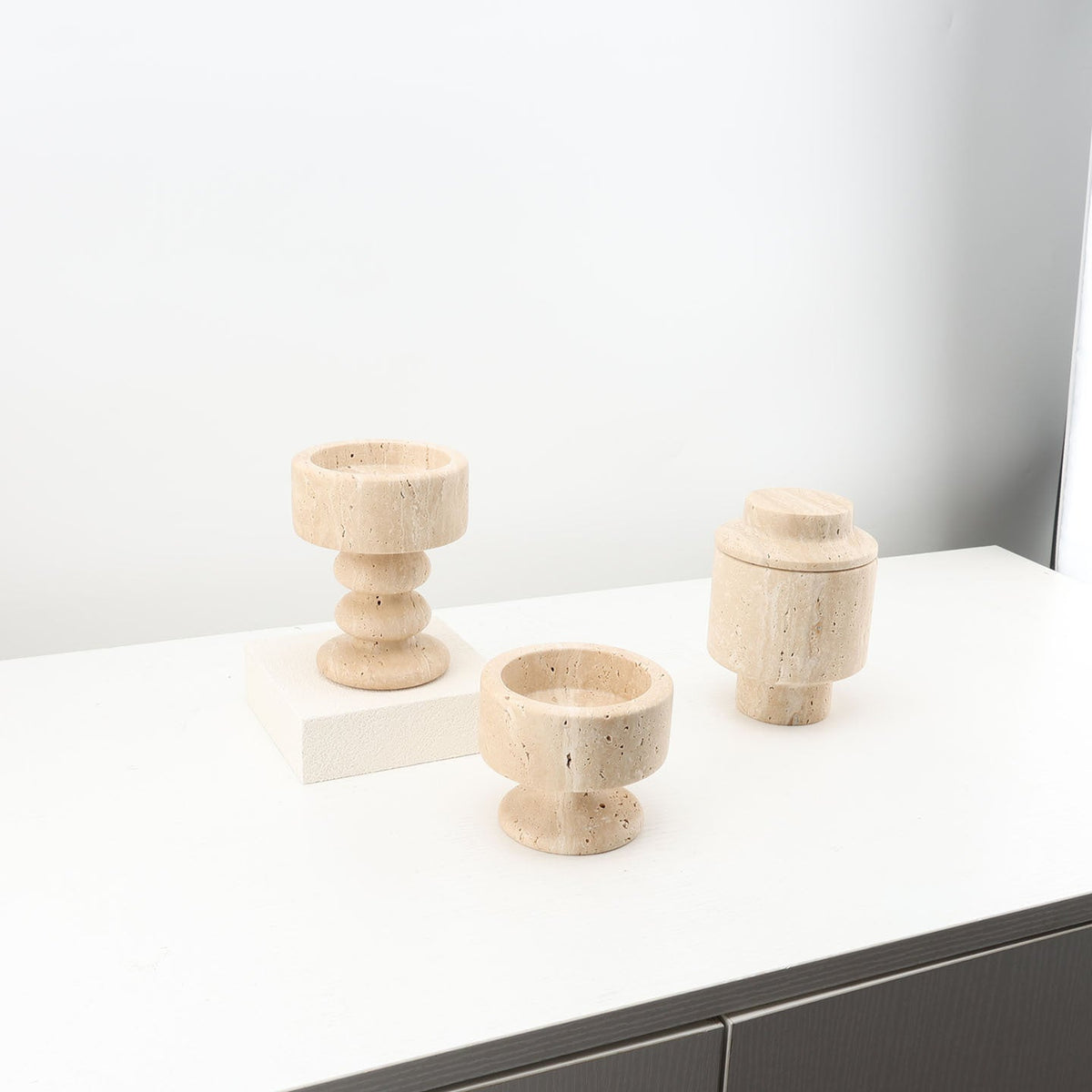 Candle Holder in Natural Travertine with Sculpted Stem and Round Base