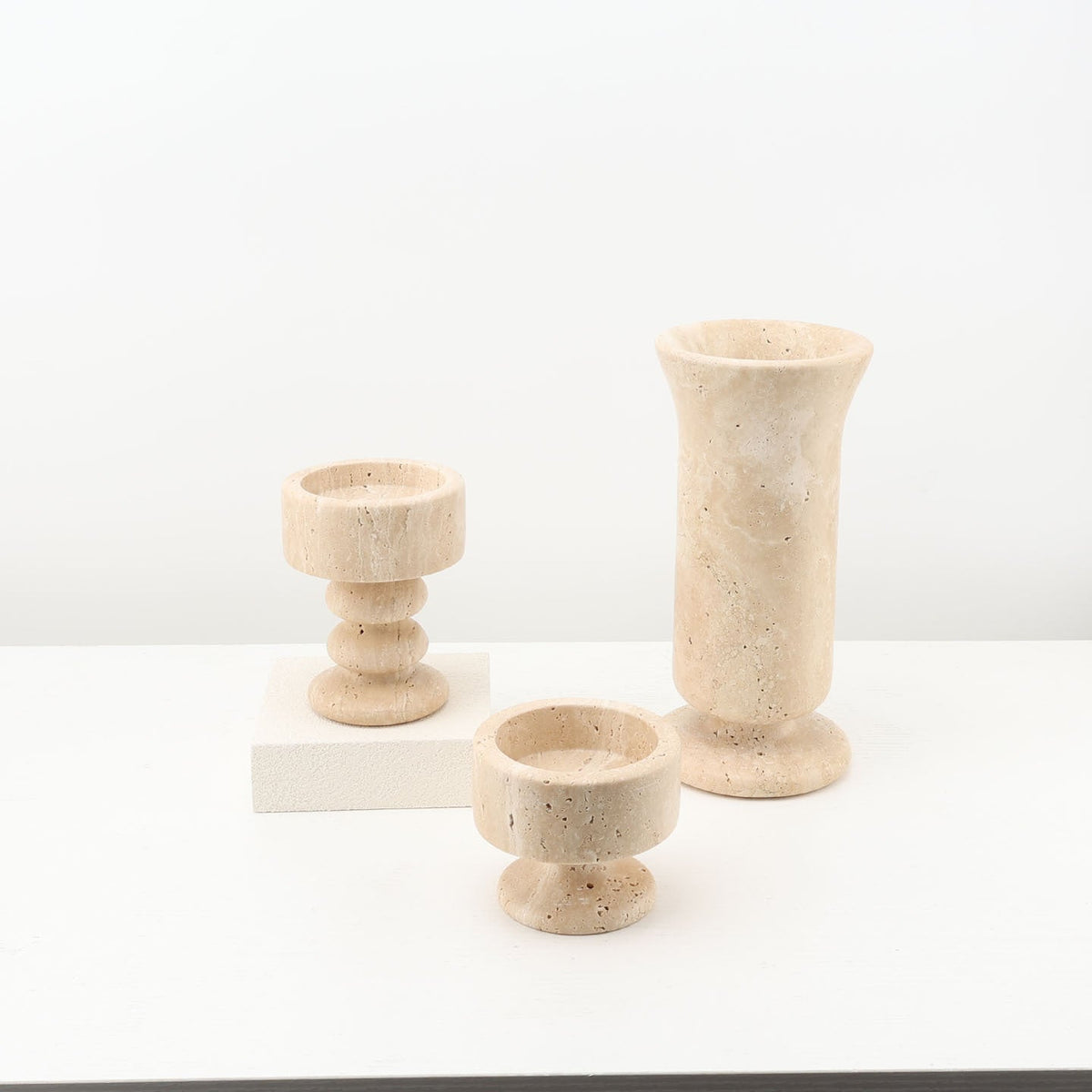 Candle Holder in Natural Travertine with Sculpted Stem and Round Base