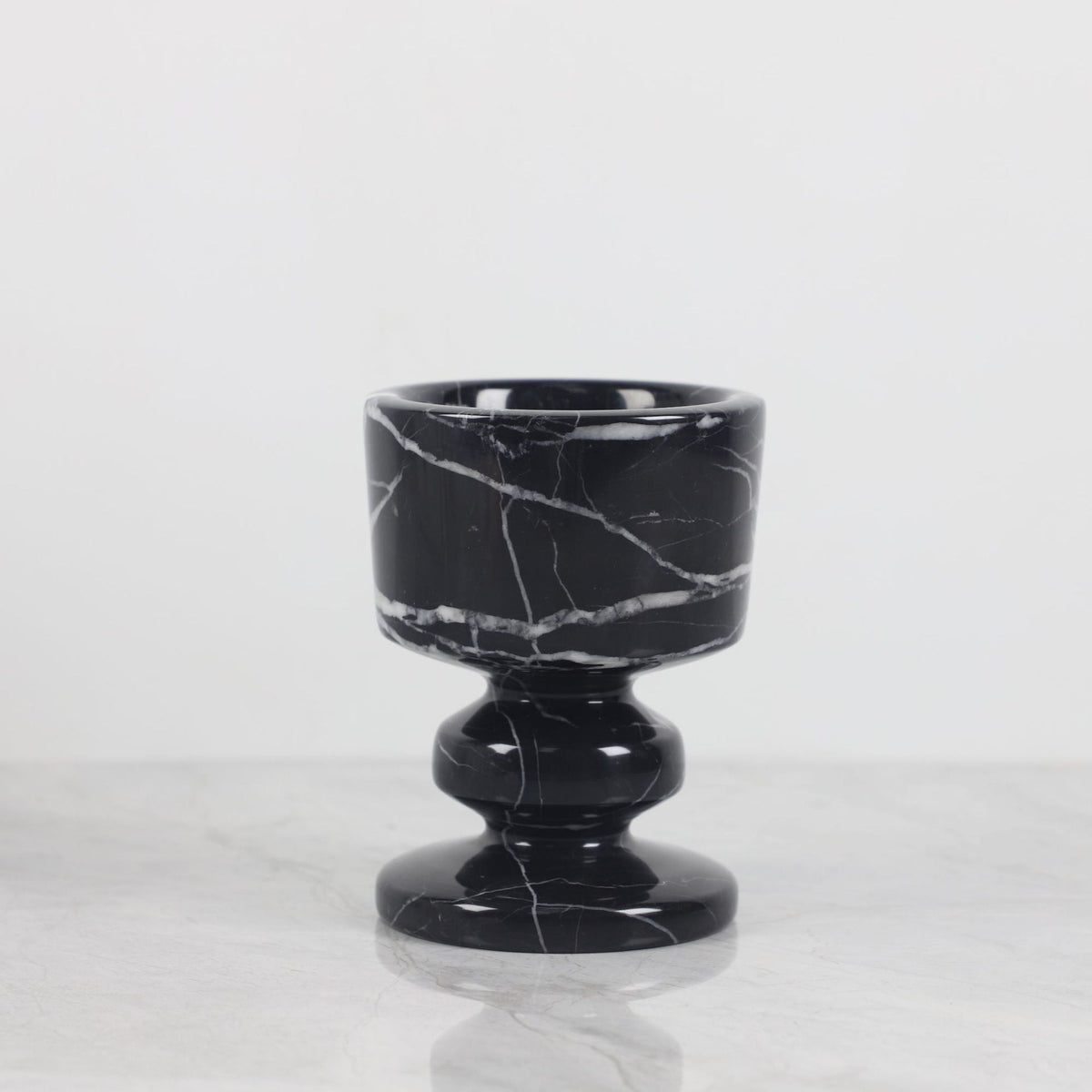 Candle Holder in Polished Nero-Marquina Marble with Pedestal Base
