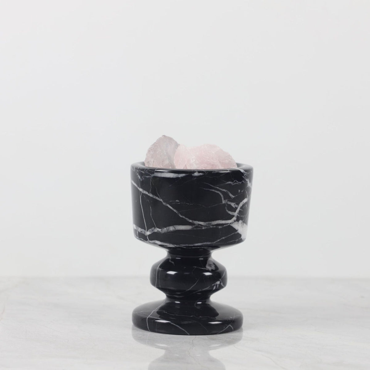 Candle Holder in Polished Nero-Marquina Marble with Pedestal Base